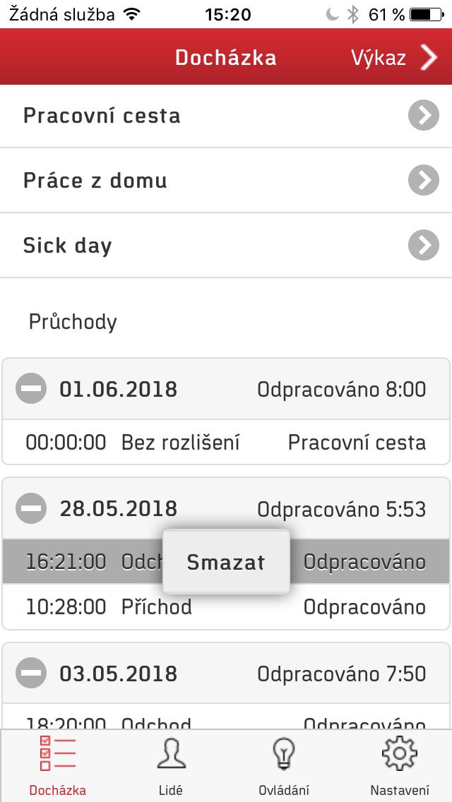 Podržením prstu na řádku s určitým záznamem je možné tento průchod smazat.