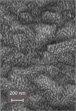 11: The skew SEM images of diamond films: a) as-grown, b) structured via gold mask, c) structured via nickel mask, d) structured via diamond seeds mask. Published in [B5].