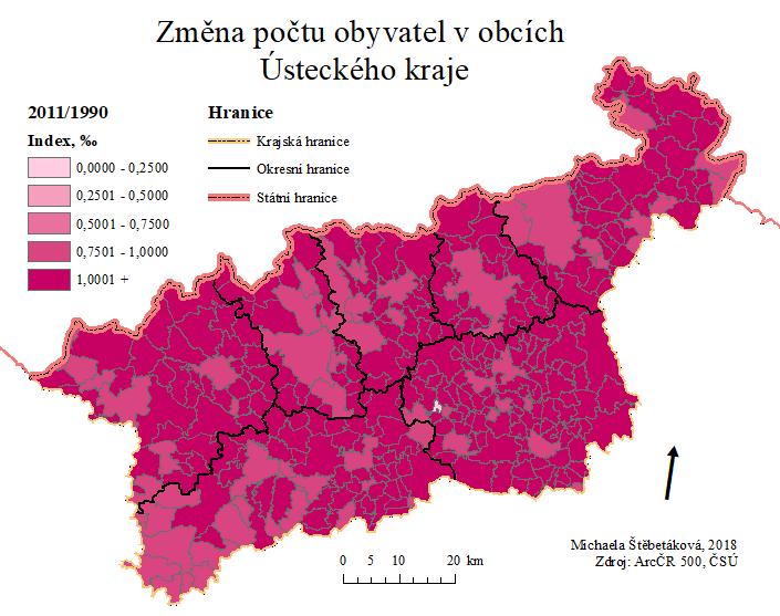 Obrázek 16 Změna počtu obyvatel v obcích Ústeckého kraje mezi lety 1991 a 2011 Zdroj dat: ArcČR 500, (ČSÚ 2015) Krušnohorská a Podkrušnohorská oblast I přes to, že se v období mezi lety 1991 a 2011