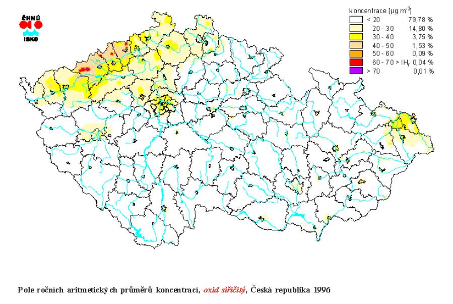 Obrázek 203 - Znečištění ovzduší ČR v roce 1996, Zdroj: (ČHMÚ 2018) Pokles počtu obyvatel a jejich pokles je způsoben mnoha