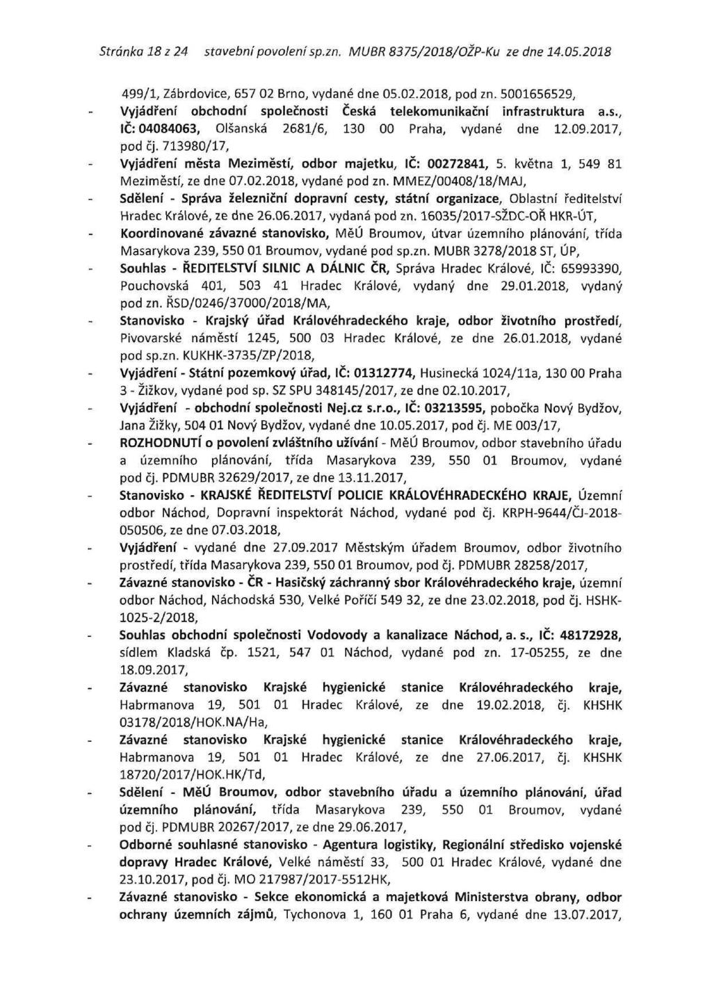 Stránka 18 z 24 stavební povolení sp.zn. MUBR 8375/2018/OŽP-Ku ze dne 14.05.2018 499/1, Zábrdovice, 657 02 Brno, vydané dne 05.02.2018, pod zn.