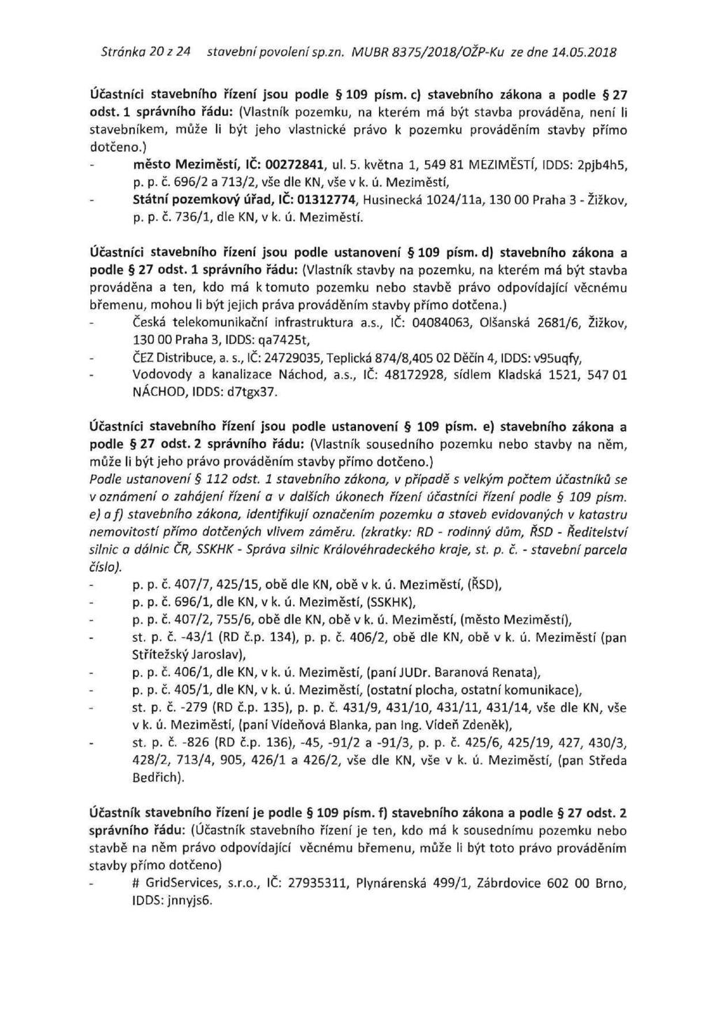 Stránka 20 z 24 stavební povolení sp.zn. MUBR 83 75/2018/OŽP-Ku ze dne 14.05.2018 Účastníci stavebního řízení jsou podle 109 písm. c) stavebního zákona a podle 27 odst.