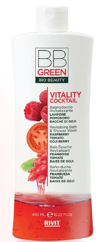 VITALITY COCKTAIL REVITALIZAČNÍ KOUPELOVÝ & SPRCHOVÝ GEL Revitalizační sprchový a koupelový gel pro zlepšení krásy a zdraví těla, s přírodními výtažky maliny, rajčete a plodů Goji.