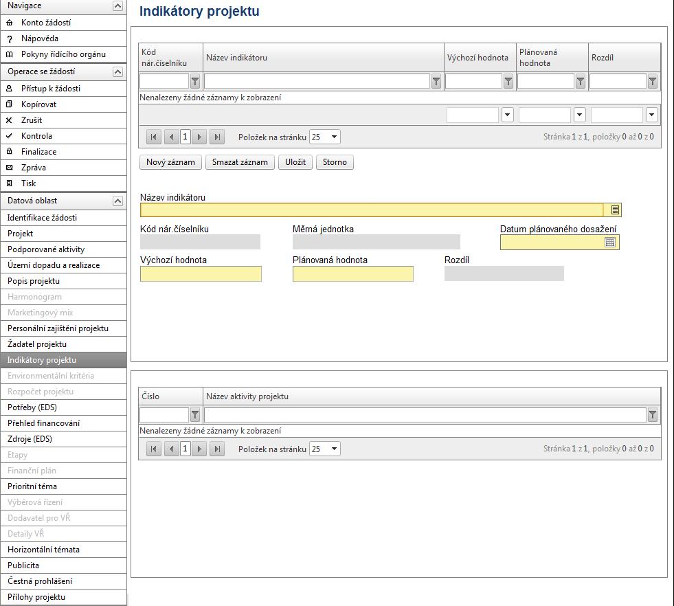 Indikátory projektu U indikátorů projektu je nutné vyplnit příslušné indikátory vztahující se k dané aktivitě a nevyplněné indikátory smazat přes pole Smazat záznam.