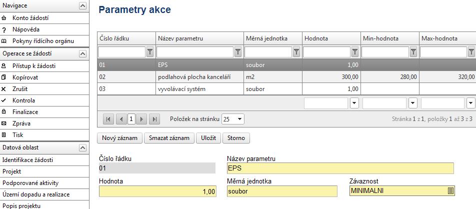 Parametry akce Název parametru údaj, kterým lze projekt nebo jeho dílčí část popsat a měřit Hodnota číselná hodnota parametru Měrná jednotka př.