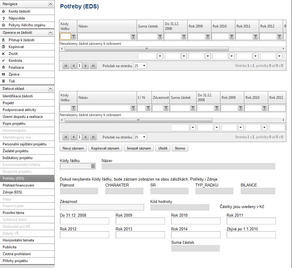 Potřeby Na této záložce uživatel zadává podrobné informace o rozpočtu projektu z hlediska potřeb (nákladů). Upozornění: Všechny údaje o rozpočtu je nutné uvádět v celých Kč.