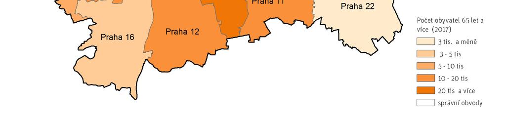 MAPA / 01 ROZLOŽENÍ OBYVATEL V E V Ě K U 65 L ET A V ÍCE NA Ú Z EMÍ SPRÁVNÍCH OBVODŮ P R A HY (2017) Zdroj: IPR Praha 1.