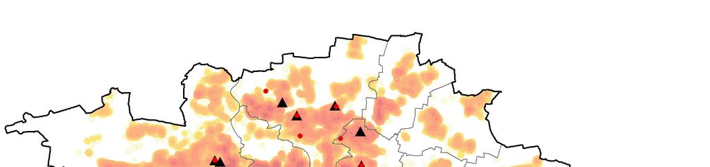 2 Analýza současných infrastrukturních potřeb Z následující Mapy 02 můžeme vidět rozložení domovů pro seniory a domovů se zvláštním režimem na pozadí mapy hustoty zalidnění.