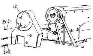 6. Montáž krytů řemene A. Šrouby (2) spolu s podložkami (3) připevněte kryt řemene (1) na hlavu stroje. Pro snadnější montáž krytu řemene sklopte hlavu stroje. (obr.10) Obr.10 Obr.11 B.