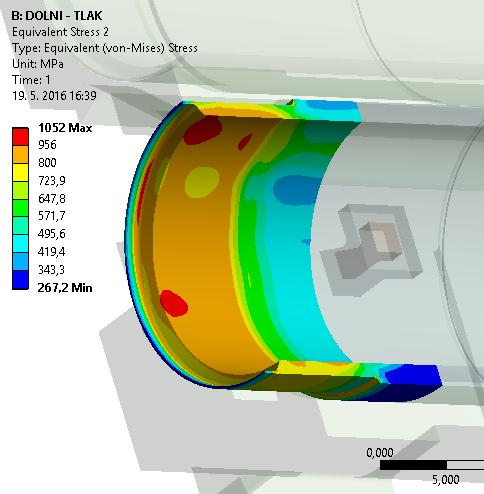 1 052 MPa. Tato hodnota překračuje dynamickou mez kluzu přibližně o 100 MPa. Rovněž byla překročena i mez pevnosti materiálu.