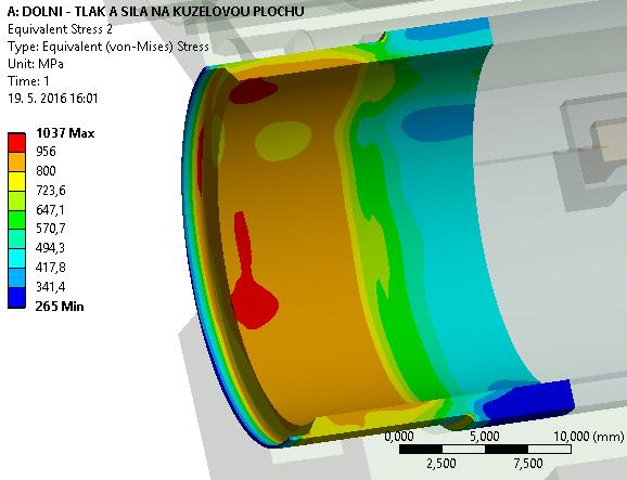 V oblasti I_D je maximální hodnota redukovaného napětí 1 242 MPa. V tomto místě jsme domodelovali 0,5mm zaoblení simulující poloměr zaoblení nástroje pro obrábění.
