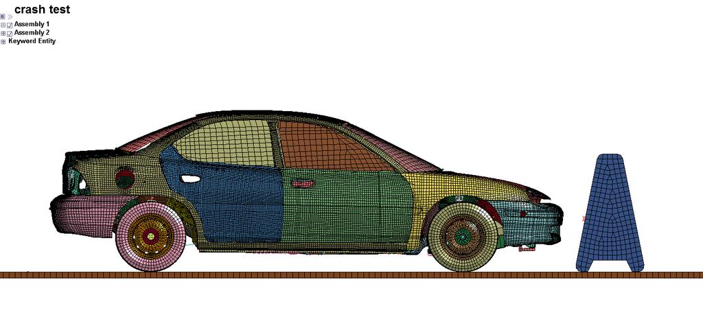 kterou ujel automobil po střetu s bariérou, deformace automobilu a bariéry.