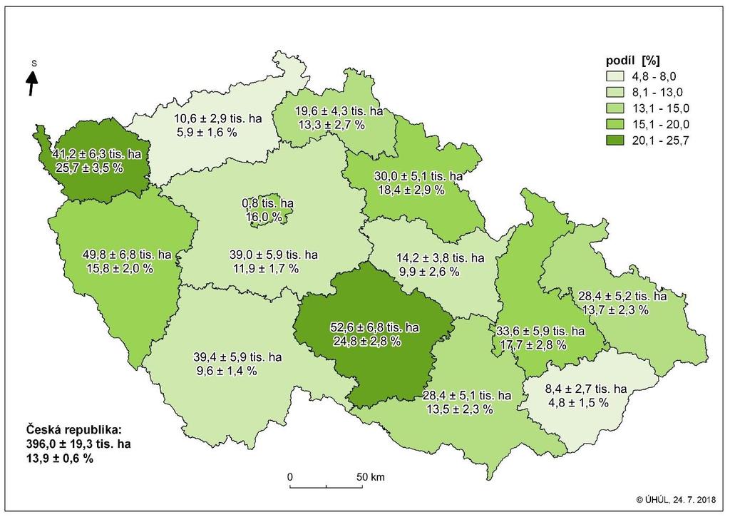 V těchto krajích dosahují podíly téměř dvojnásobně vyšších hodnot, než je tomu v případě republikového odhadu (13,9 ± 0,6 %).