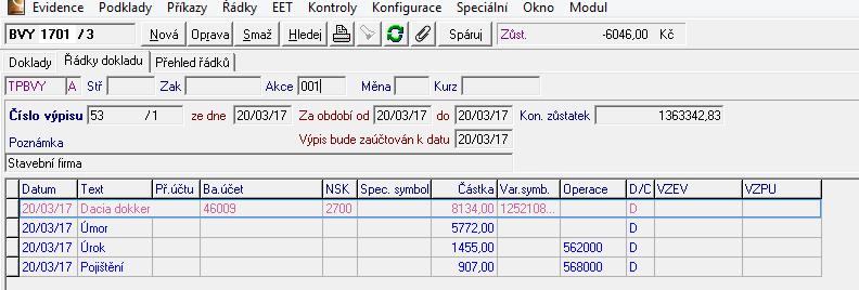 dokladu. Nakonec kurzorem označí řádek v tabulce a na horní liště zvolí: Řádky Přidej řádek. Otevře se tabulka, kde se vyplní plátce, částka a konstantní symbol, potvrdí kliknutím na ok.