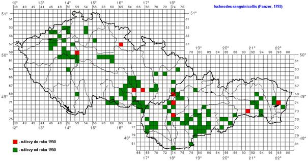 Elateridarium 13: 49-74, 2019 57 FAUNISTICKÁ ČÁST Obr. 13. Faunistická mapa Ischnodes sanguinicollis pro území Česka a Slovenska ČESKO (BOHEMIA): 5349: Bohemia bor., Teplice, vrch Doubravka, 9. IX.