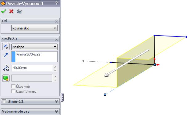 Vysunutý povrch vytváří lineárně vysunutý povrch. Povrch vysunutý ve směru pomocné osy o stanovenou délku. Směr vysunutí.