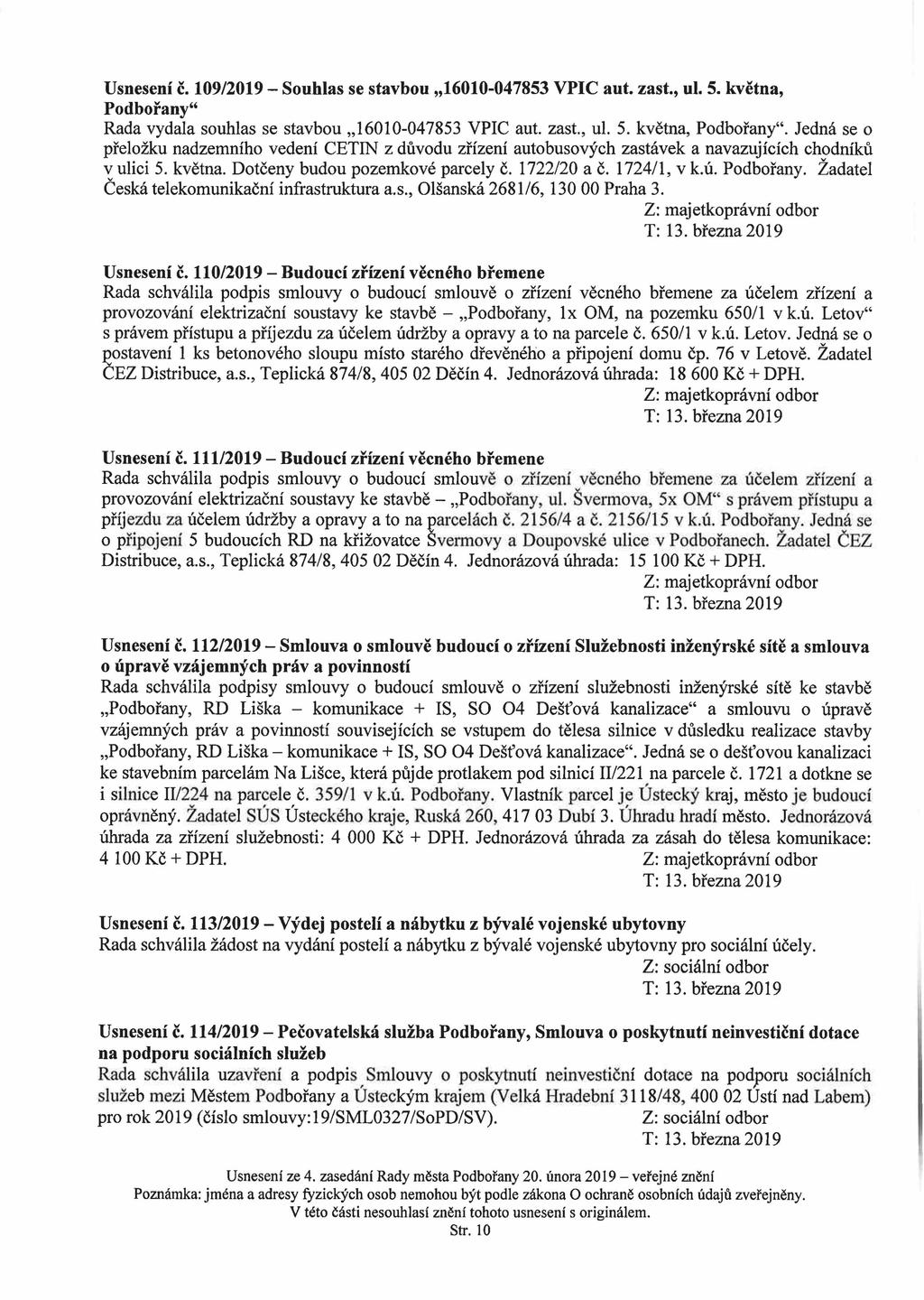 Usnesení č. 109/2019 - Souhlas se stavbou 16010-047853 VPIC aut. zast., ul. 5. května, Podbořany44 