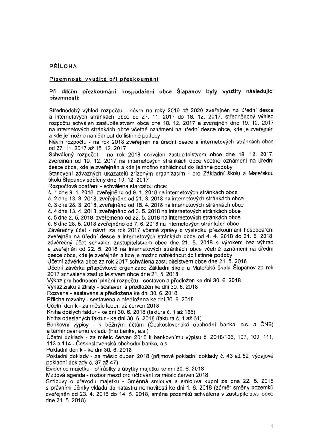 PŘÍLOHA Písemnosti využité při přezkoumání Při dílčím přezkoumání hospodaření obce Šlapanov byly využity následující písemnosti: Střednědobý výhled rozpočtu - návrh na roky 2019 až 2020 zveřejněn na