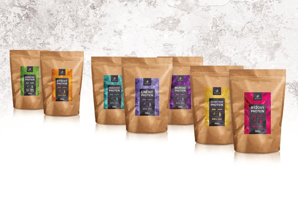 rostlinné PROTEINY Konopný protein Kvalitní dávka bílkovin s dokonalou rovnováhou všech aminokyselin. Lněný protein Zdroj vlákniny a esenciálních mastných kyselin.