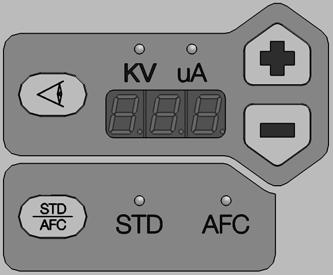 4-4 Obsluha Klasický elektrostatický režim (pokr.) Obrázek 4 3 Zobrazení kv/μa a výběr STD/AFC pro klasický režim Klasický režim AFC Viz obrázek 4 3. Režim AFC použijte k nastavení mezí výstupu μa.