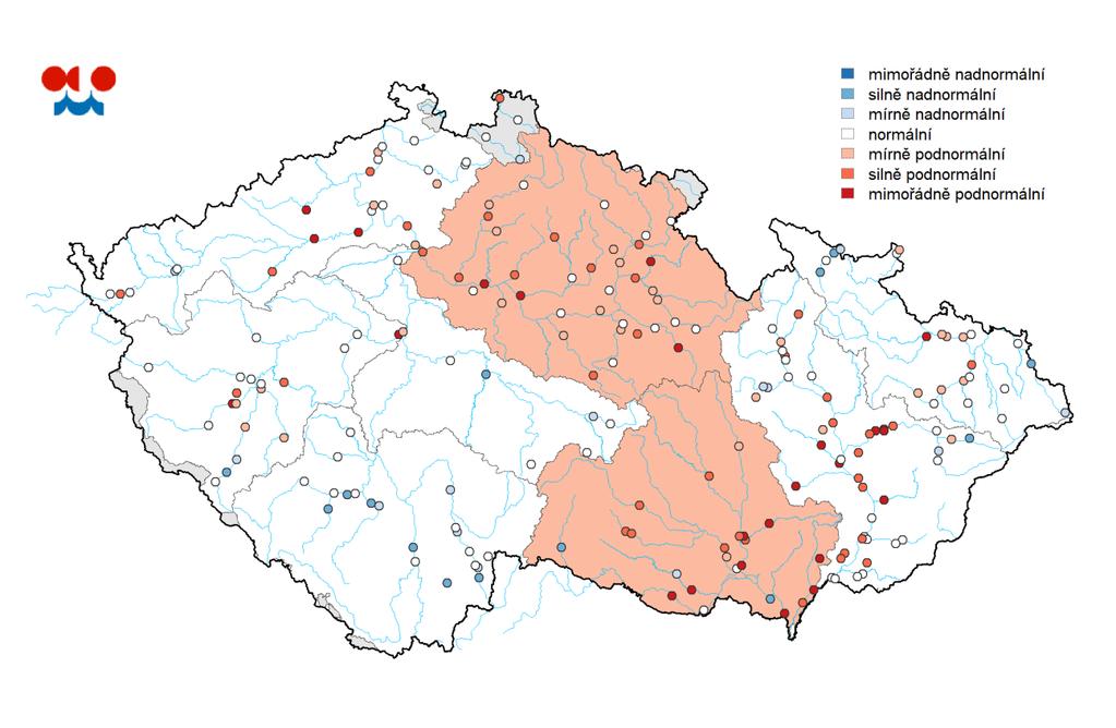 MKP), dolní Vltavy (54 % MKP), dolního Labe (65 % MKP), Odry (56 % MKP) a Moravy (70 % MKP) bylo dosaženo normální úrovně hladiny podzemní vody.
