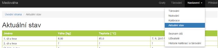 7. Hodnota 8. Nastaveni V menu Hodnota jsou k dispozici níže uvedené možnosti. 7.1 Aktuální stav Aktuální (= okamžitou) váhu můžete zkontrolovat v menu Nastavení/Aktuální stav: 7.