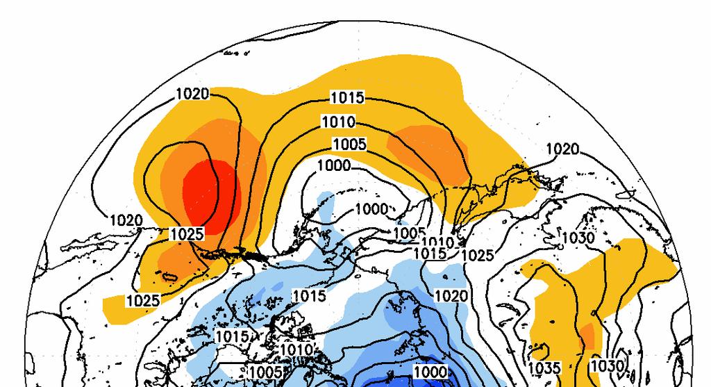 Průměrný atmosfériský tlak v lednu 2007 (linie) a jeho odchylky