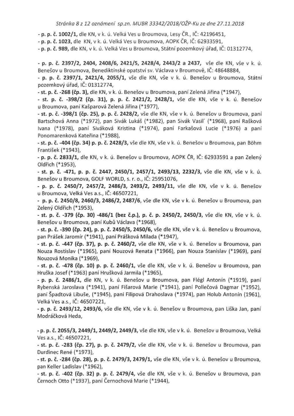 Stránka 8 z 12 oznámení sp.zn. MUBR 33342/2018/OŽP-Ku ze dne 27.11.2018 - p. p. č. 1002/1, dle KN, v k. ú. Velká Ves u Broumova, Lesy ČR., IČ: 42196451, - p. p. č. 1023, dle KN, v k. ú. Velká Ves u Broumova, AOPK ČR, IČ: 62933591, - p.