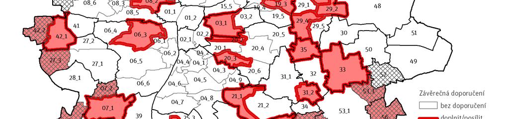Území, kam směřují závěrečná doporučení doplnit/posílit infrastrukturu ordinací praktických lékařů dospělé, zobrazuje schéma Mapa 07 a týkají se BUC se špatnou dostupností ordinací za podmínky