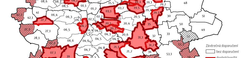 Území, kam směřují závěrečná doporučení doplnit/posílit infrastrukturu ordinací praktických lékařů pro děti a dorost, zobrazuje Mapa 04 a týkají se BUC se špatnou dostupností ordinací za podmínky