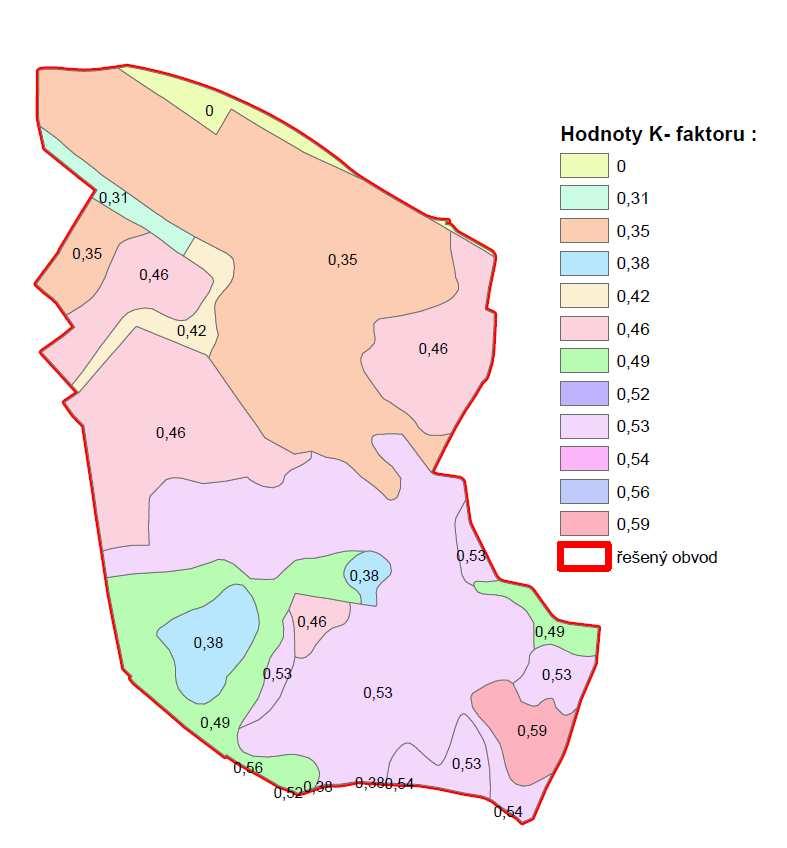 Obr. 6 Grafické znázornění hodnoty K-faktoru LS topografický faktor vyjadřuje vliv délky a sklonu svahu a představuje poměr ztráty půdy na jednotku plochy svahu ke ztrátě půdy na jednotkovém pozemku
