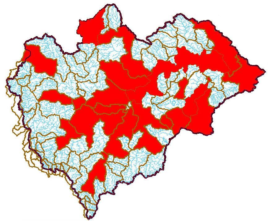 Mapa č. 2 - Vodní útvary dotčené nedostatečnou VH infrastrukturou u aglomerací nad 10