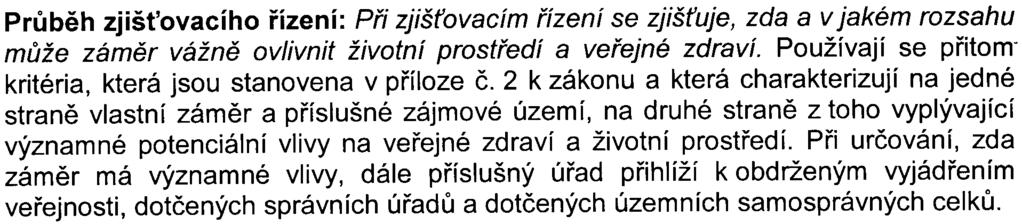 - 2 - Prùbìh zjiš ovacího øízení: Pøi zjiš ovacím øízení se zjiš uje, zda a v jakém rozsahu mùže zámìr vážnì ovlivnit životní prostøedí a veøejné zdraví Používají se pøitomkritéria, která jsou