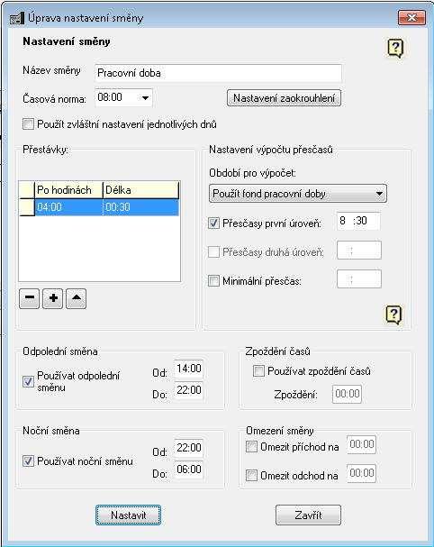 odpracovaných hodin, po kterých se přestávka započítá. Nápovědu k nastavení směn si můžete zobrazit také kliknutím na žluté otazníky.