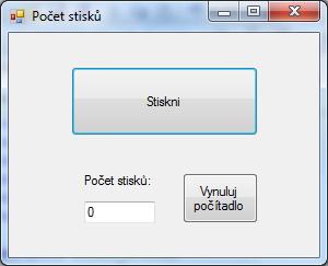 Členské proměnné Podle obrázku vytvoříme nový projekt. Zápis metod pro obě tlačítka je jednoduchý: privatevoid tlačítkostiskni_click(object sender, EventArgs e) počet++; PolePočet.Text = Convert.