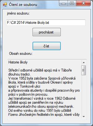 Show("hotovo"); Čtení ze souboru Čtení ze souboru probíhá podobně jako zápis.