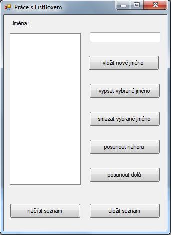 Operace nad seznamem V následujícím příkladu použijeme místo seznamu List<T> ovládací prvek ListBox. Tento prvek je spojen se seznamem, který je přístupný přes vlastnost Items.