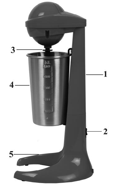 POPIS SPOTŘEBIČE 1. Tělo spotřebiče 2. Ovládací přepínač 3. Mixovací metla 4. Mixovací nádoba 5. Základna PŘED PRVNÍM POUŽITÍM Odstraňte veškerý obalový materiál.