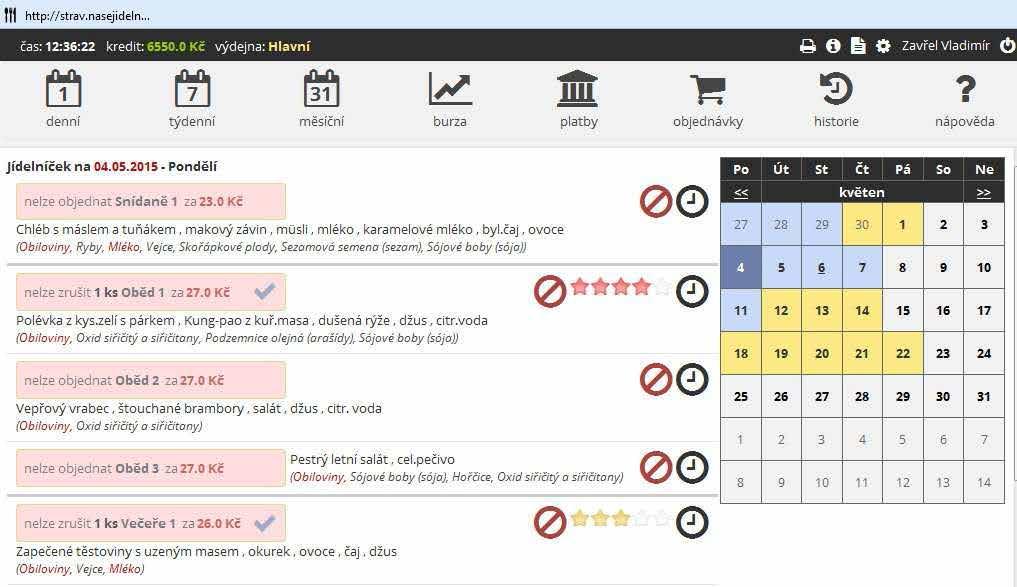 Hodnocení jídel Strávník má možnost hodnotit stravu.