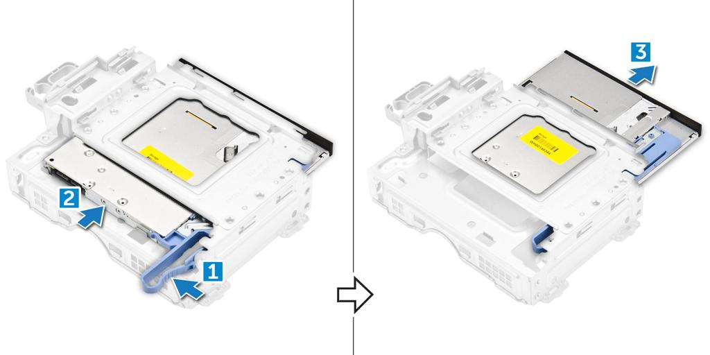 Montáž optické mechaniky 1 Zasuňte optickou mechaniku do modulu optické mechaniky. 2 Zarovnejte výčnělky na modulu optické mechaniky se zdířkami v počítači.