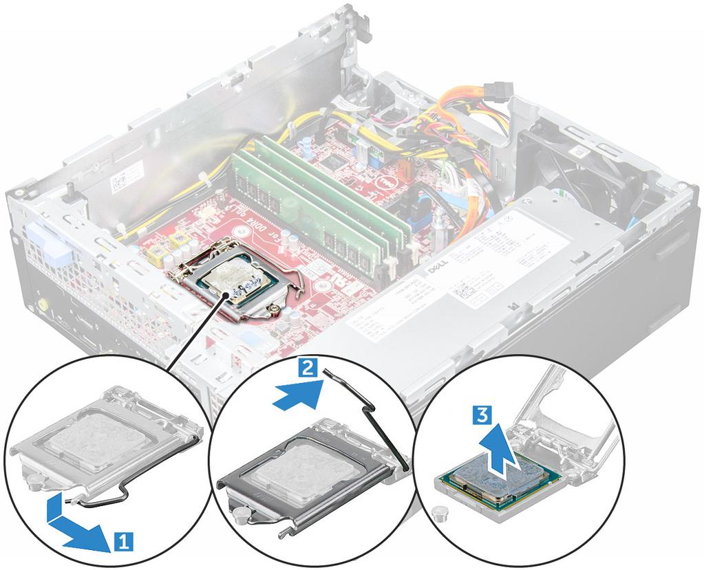 a b c d kryt sestava 2,5palcového pevného disku Optická mechanika sestava chladiče 3 Vyjmutí procesoru: a Uvolněte páčku patice stisknutím dolů a ven zpod západky na ochranném krytu procesoru [1].