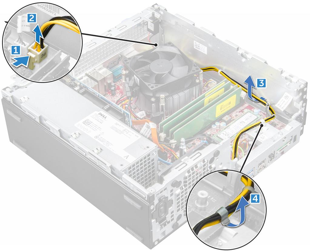 b c d rámeček. sestava 2,5palcového pevného disku optická mechanika 3 Uvolnění jednotky PSU: a Odpojte napájecí kabel od základní desky [1] [2].