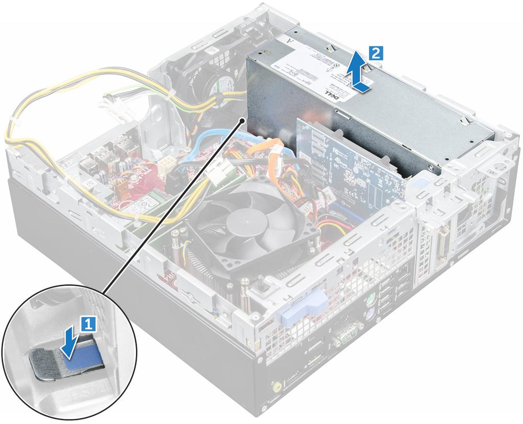 Montáž jednotky zdroje napájení (PSU) 1 Vložte jednotku PSU do skříně a posuňte ji k zadní části počítače. 2 Namontujte šrouby upevňující jednotku PSU k zadní straně počítače.