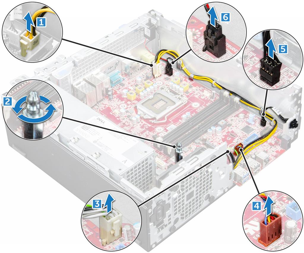 6 Postup demontáže základní desky: a Vyšroubujte šrouby připevňující základní desku k