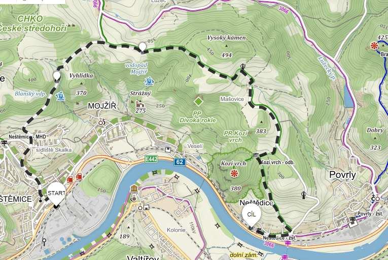 silnice Skalka - T.zelená Mašovice a dále stejně jako Trasa č. 1 tj. na Kozí vrh Sraz: v 8:15 hod. - nádražní hala ČD Teplice v Č.