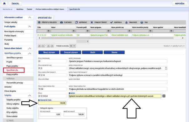 Vzhledem k tomu, že na program Nízkouhlíkové technologie se váže pouze jediný specifický cíl,