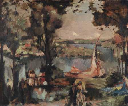 166 Neznámý autor Letní den u vody olej, plátno, 45 x 55 cm, rám, plátno místy poškozeno, na rámu oděrky