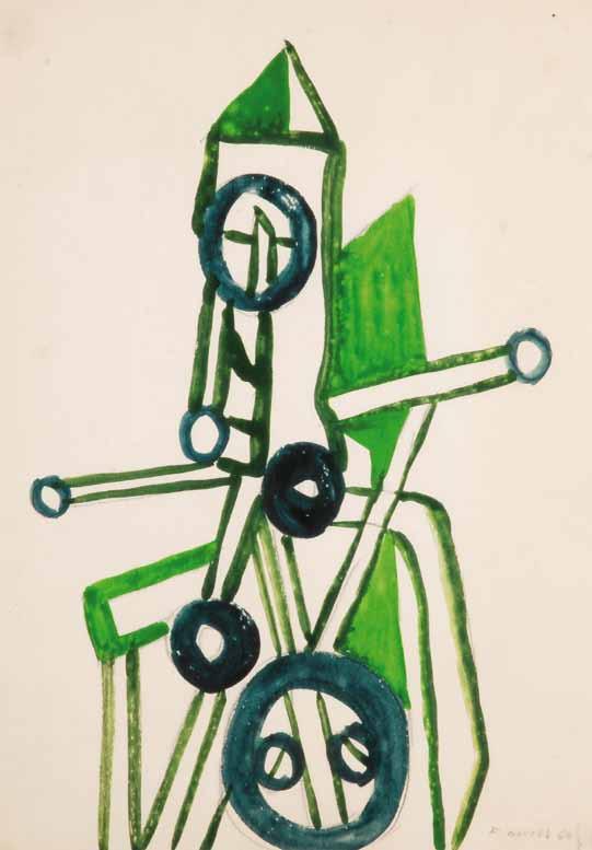 28 28 František Gross (1909 1985) Postava - strojek tempera, tužka, papír, 1964, 42 x 29 cm, sign. PD F. Gross 64, rám, nabízená položka představuje ukázku zralé tvorby od člena legendární Skupiny 42.