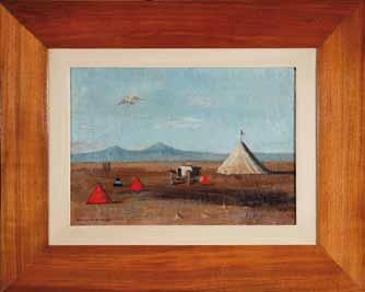 30 Kamil Lhoták (1912 1990) Krajina s papírovým orlem a autem olej a tempera na lepence, 1964, 28 x 40 cm, rám, dílo Kamila Lhotáka, především díky nezaměnitelným ilustracím s charakteristickou