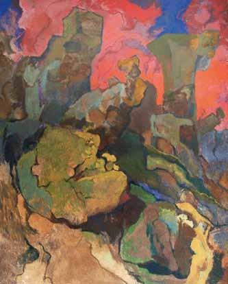 40 40 40 Radoslav Čáslavský (1925 2012) Kainovo znamení 40 3x olej, písky, sololit, 149,5 x 366 cm, Radoslav Čáslavský se narodil v Mladé Boleslavi a vyrůstal v romantické krajině Bělé pod Bezdězem.